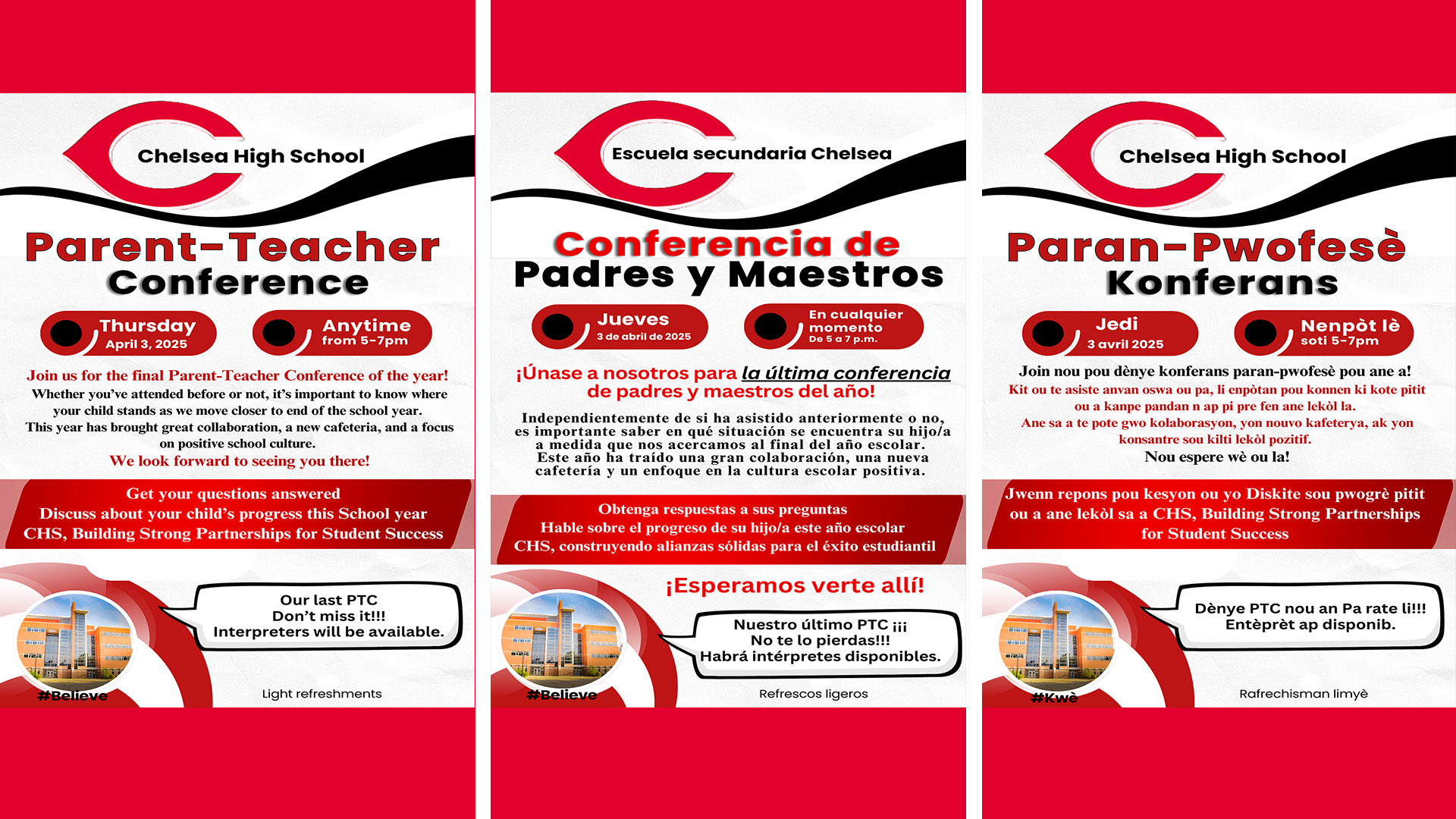 Image with three flyers in English Spanish and Haitian Creole advertising CHS Parent-Teacher Conferences in April of 2025